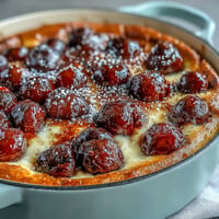 Fresh cherry clafoutis with vanilla bean custard baked to golden perfection in a rustic dish.  