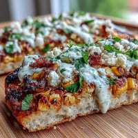 1. Cinco de Mayo Street Corn Flatbread with Jalapeño Crema, featuring charred corn, creamy cotija, and fresh cilantro, ready for festive gatherings.  