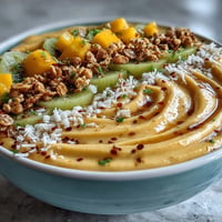 A vibrant mango chili lime smoothie bowl topped with fresh kiwi, granola, and shredded coconut, garnished with chili flakes and lime zest.