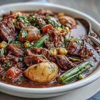 Hearty Kentucky Derby Burgoo Stew with tender meats and vegetables, simmered to perfection in a savory broth.  