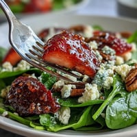Fresh strawberry spinach salad with creamy goat cheese, toasted pecans, and balsamic vinaigrette, perfect for spring.  