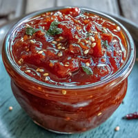 A vibrant jar of homemade fermented hot sauce with chili peppers, garlic, and carrot, ready to add heat to any dish.  