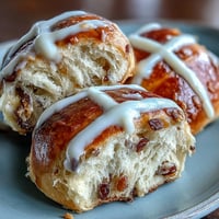 Soft, golden homemade hot cross buns with warm spices, juicy raisins, and a glossy apricot glaze—perfect for Easter brunch.