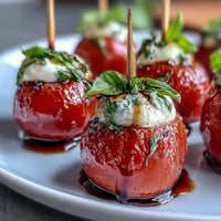 Caprese skewers appetizer, a colorful stack piled high with fresh ingredients.