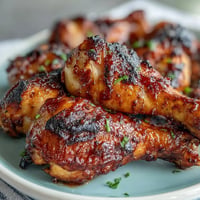 Juicy BBQ chicken drumsticks with spicy peach glaze, grilled and glistening.