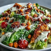 Crisp vegan Caesar salad topped with golden, crunchy chickpea croutons.